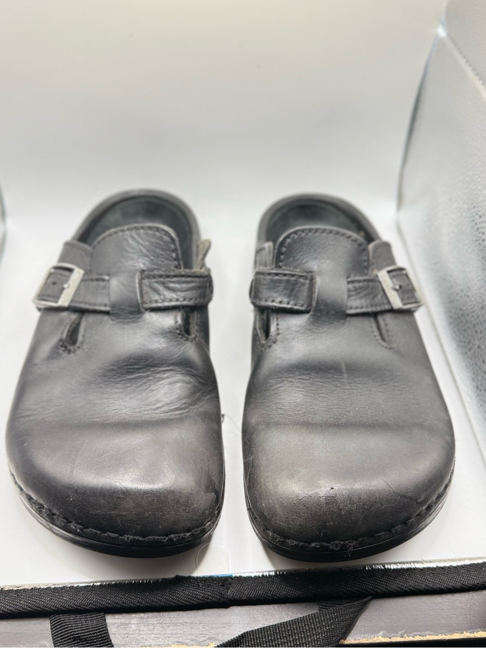 Birkenstock Black Leather Clog Mule with Buckle Accent - Picture 2 of 8